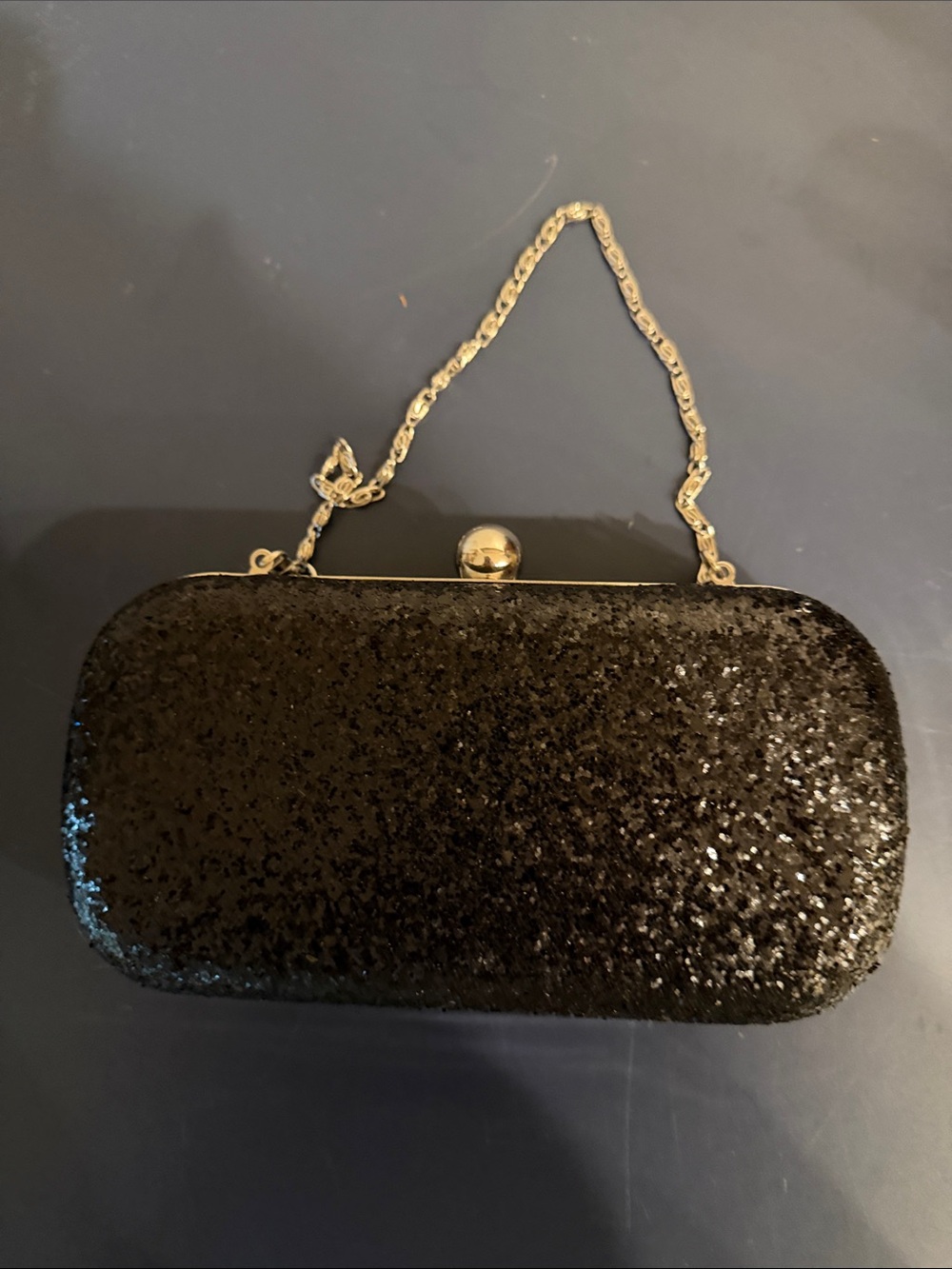 Tasha Black Glitter Evening Hard Case Clutch with Silver Frame and Chain Strap